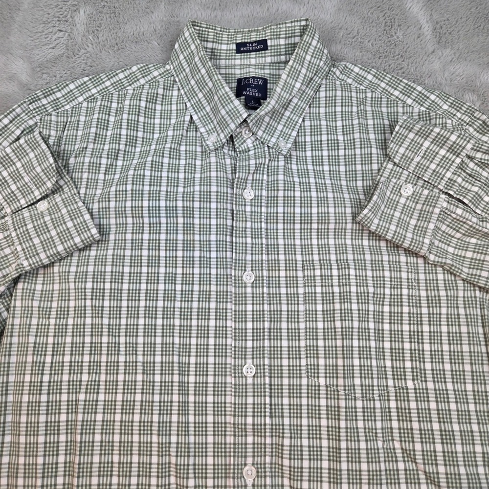 J.Crew Button Down Shirt‎ Mens L Slim Untucked Flex Washed Plaid Green and White